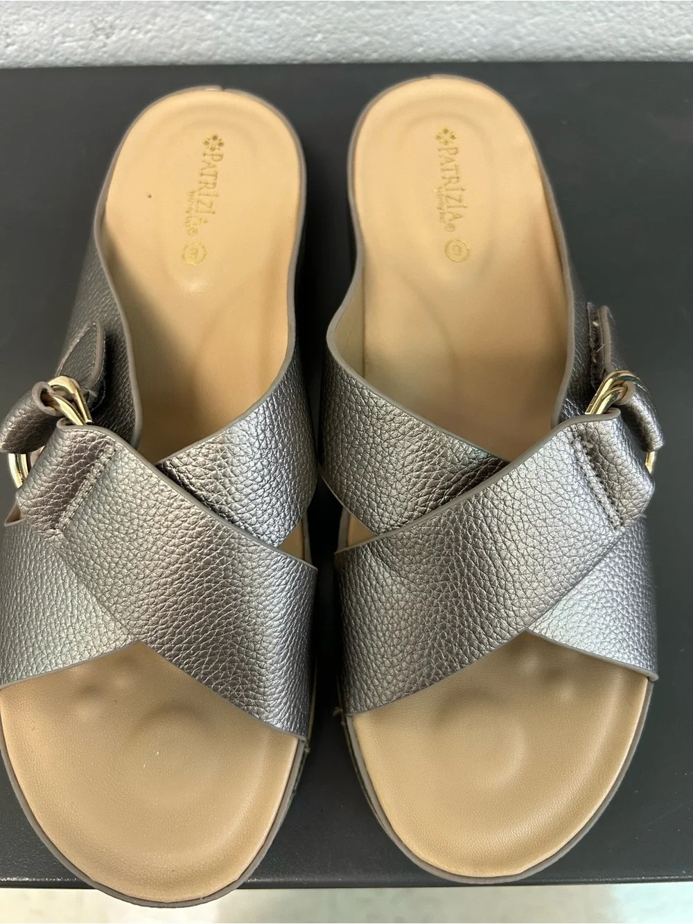 Patrizia by Spring Step Rutha Metallic Taupe Slide Sandal with Gold Buckle 9